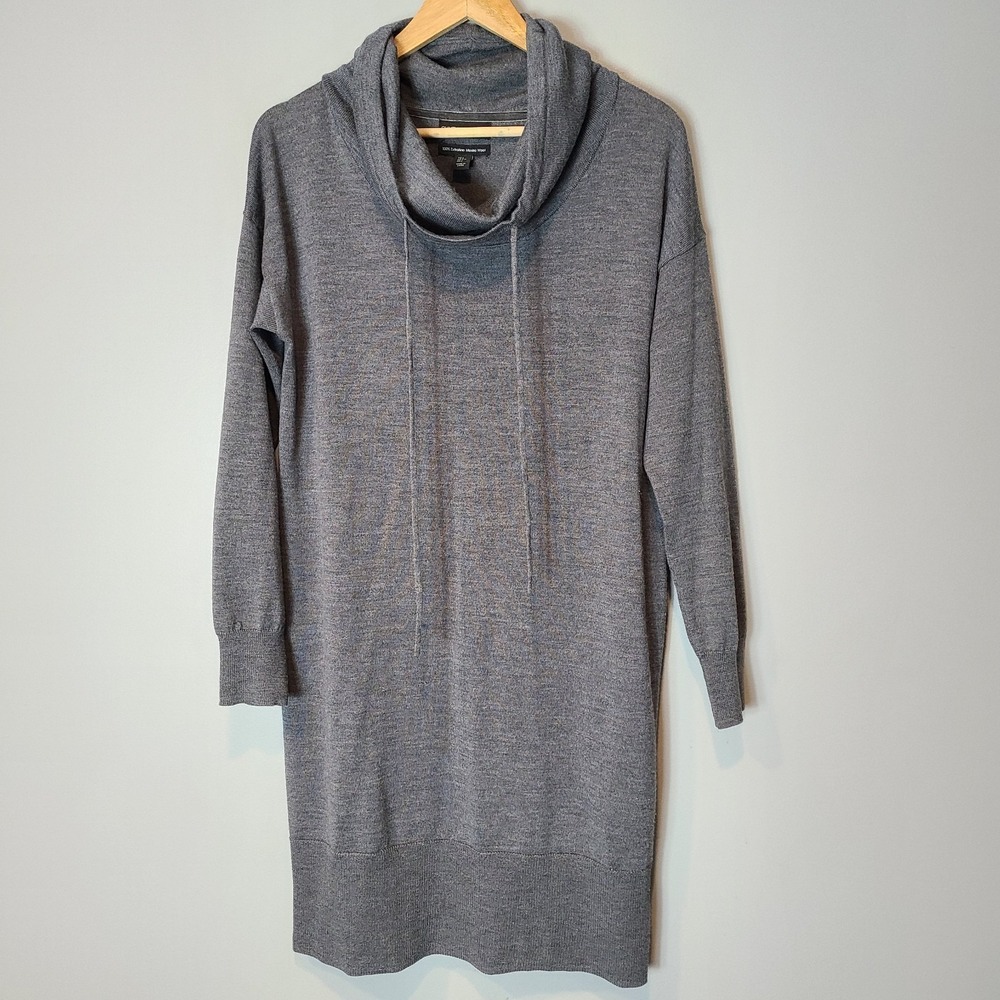 Cynthia Rowley Sweater Dress Merino Wool Women Size Large Gray Minimalist Cowl